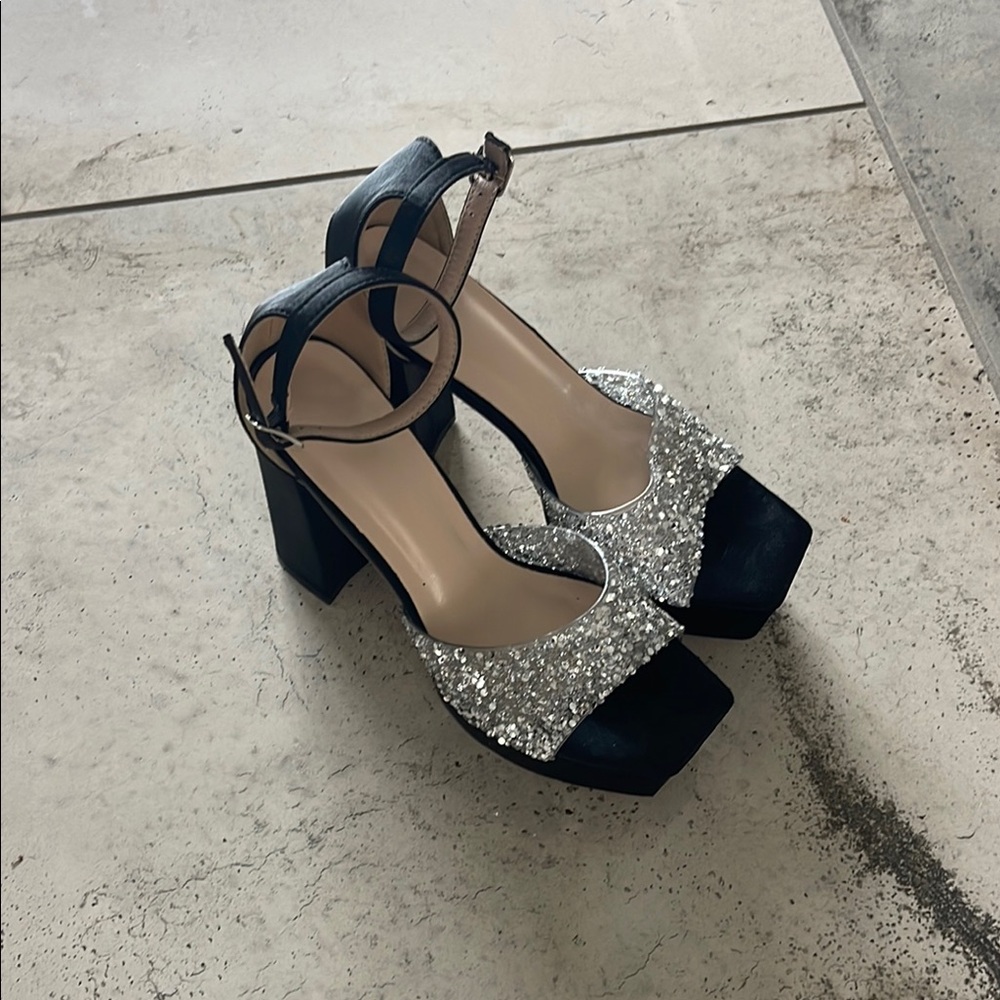 SHEIN black satin and crystal platform shoes.